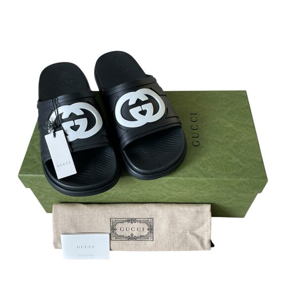 GUCCI Interlocking G Men's Black Rubber Slide Sandals Size 12 | US 12.5 NEW - Picture 1 of 16